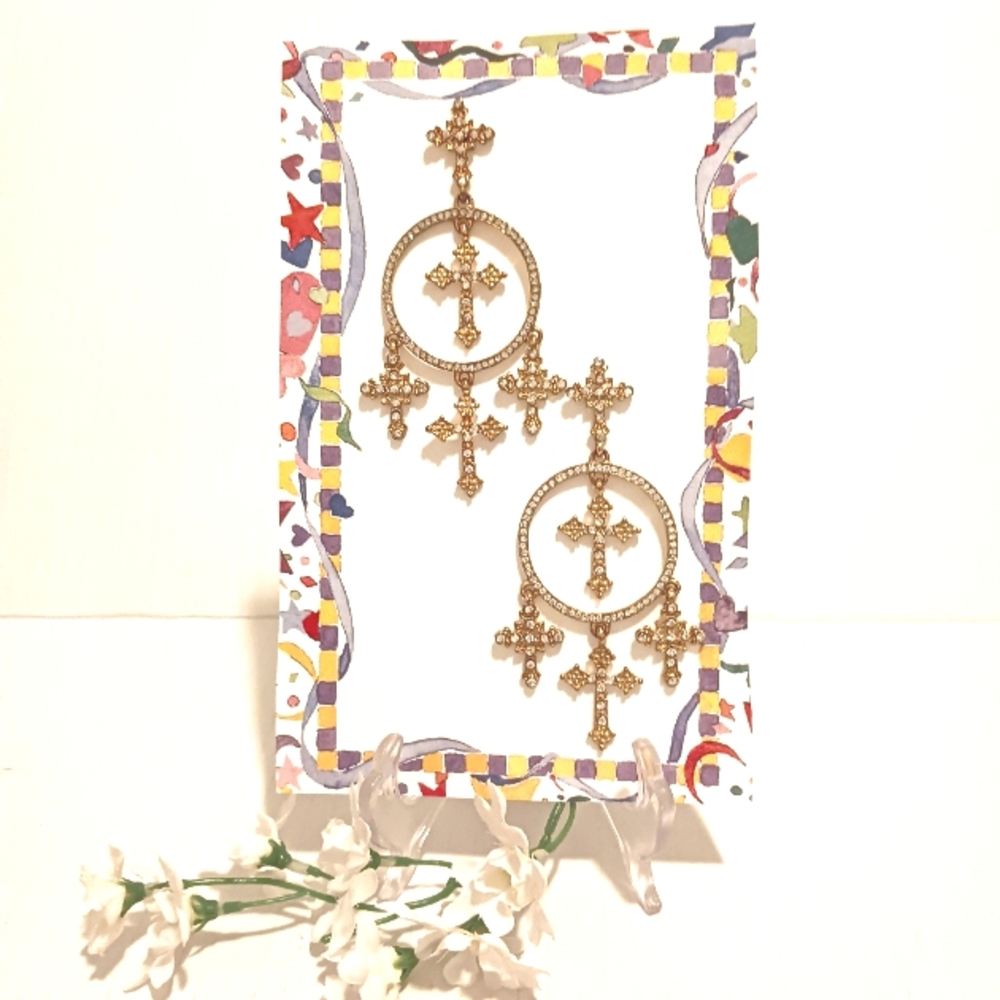 NWT BOUTIQUE GOLD CROSS DANGLE PIERCED EARRINGS